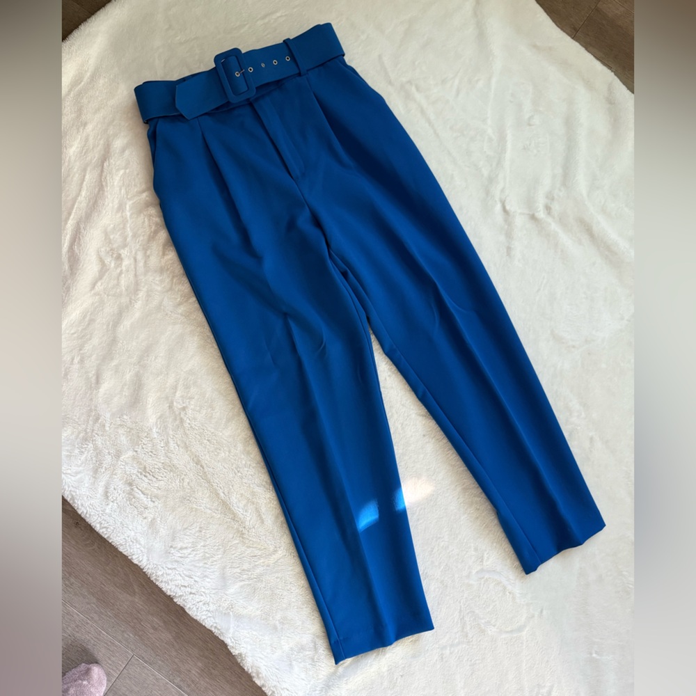 Zara PANTS W/ FABRIC-COVERED BELT High-waist Blue Size M